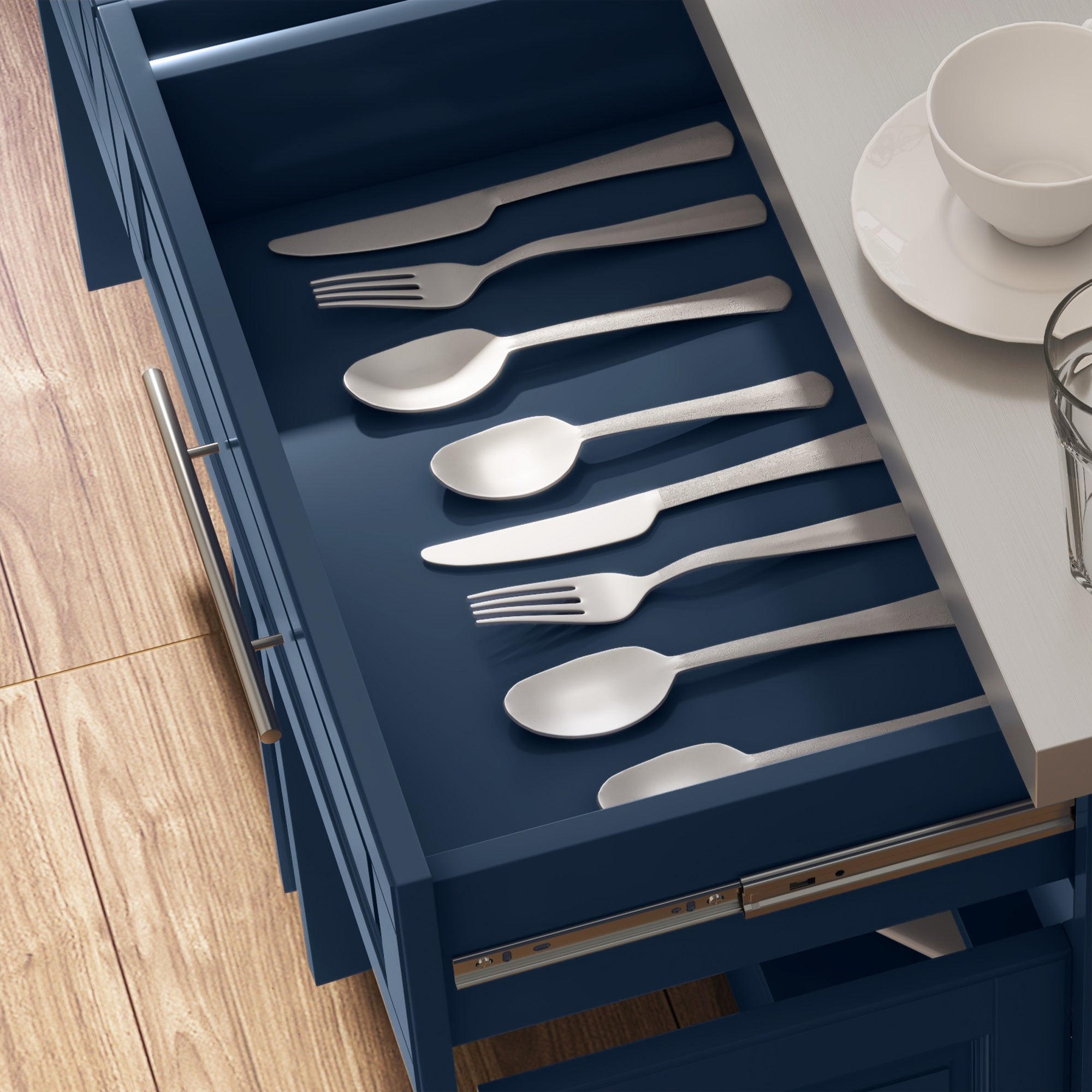 Rolling Kitchen Island with Stainless Steel Top, 2 Drawers, Spice, Knife and Towel Rack and Cabinets, Navy Blue