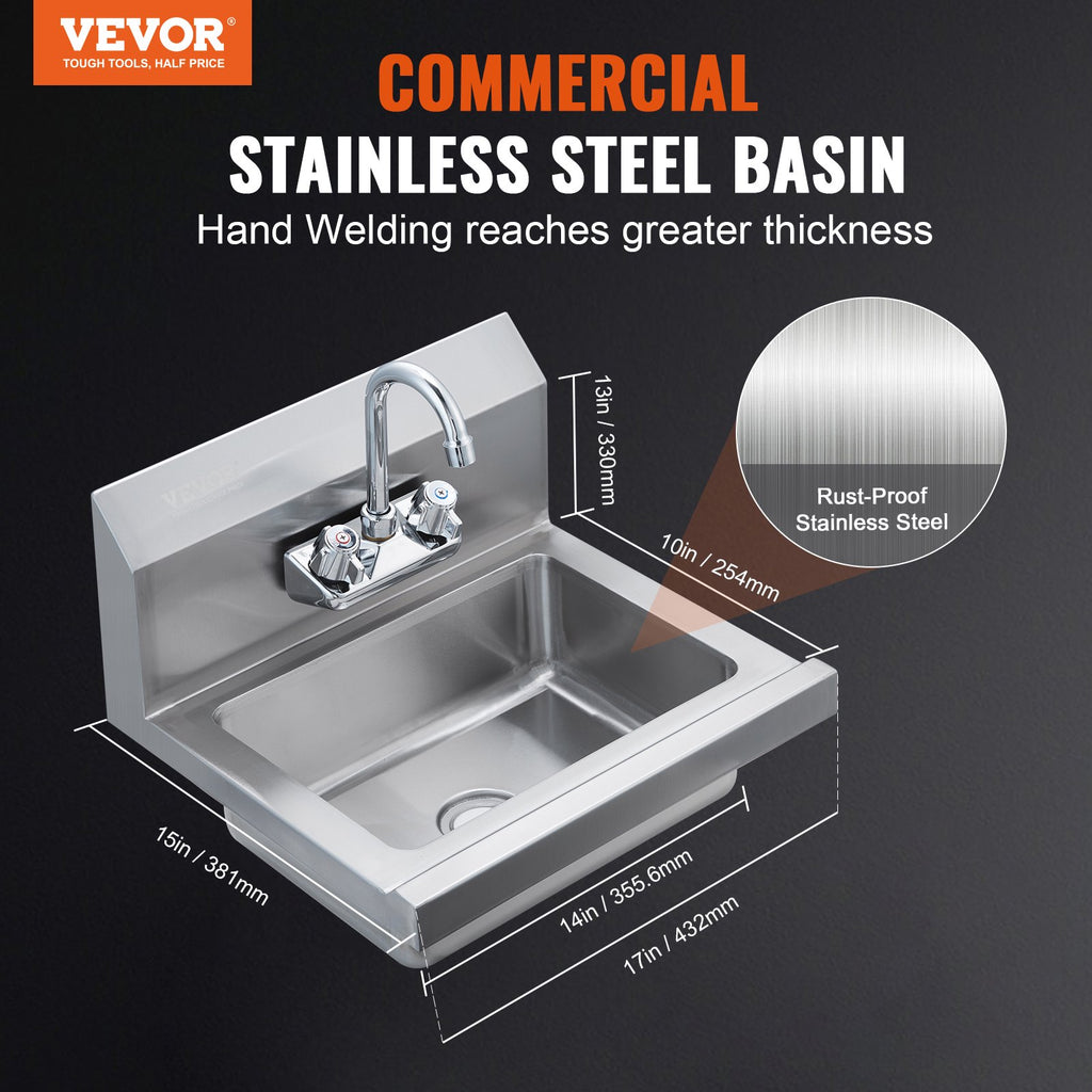 Commercial Hand Sink With Faucet, Stainless Steel Sink