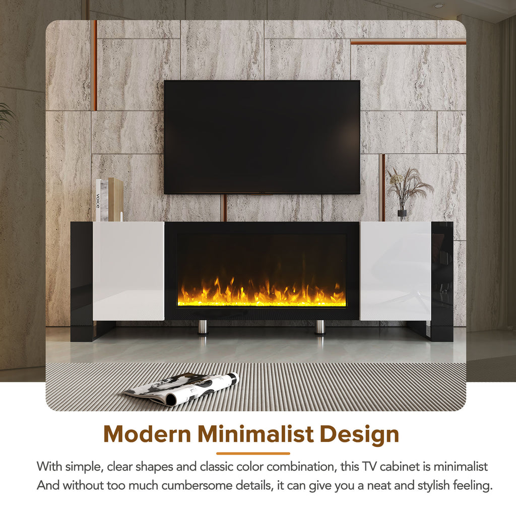 Modern TV Stand With 34” Non-heating Electric Fireplace, High Gloss Entertainment, TVs Up To 78”