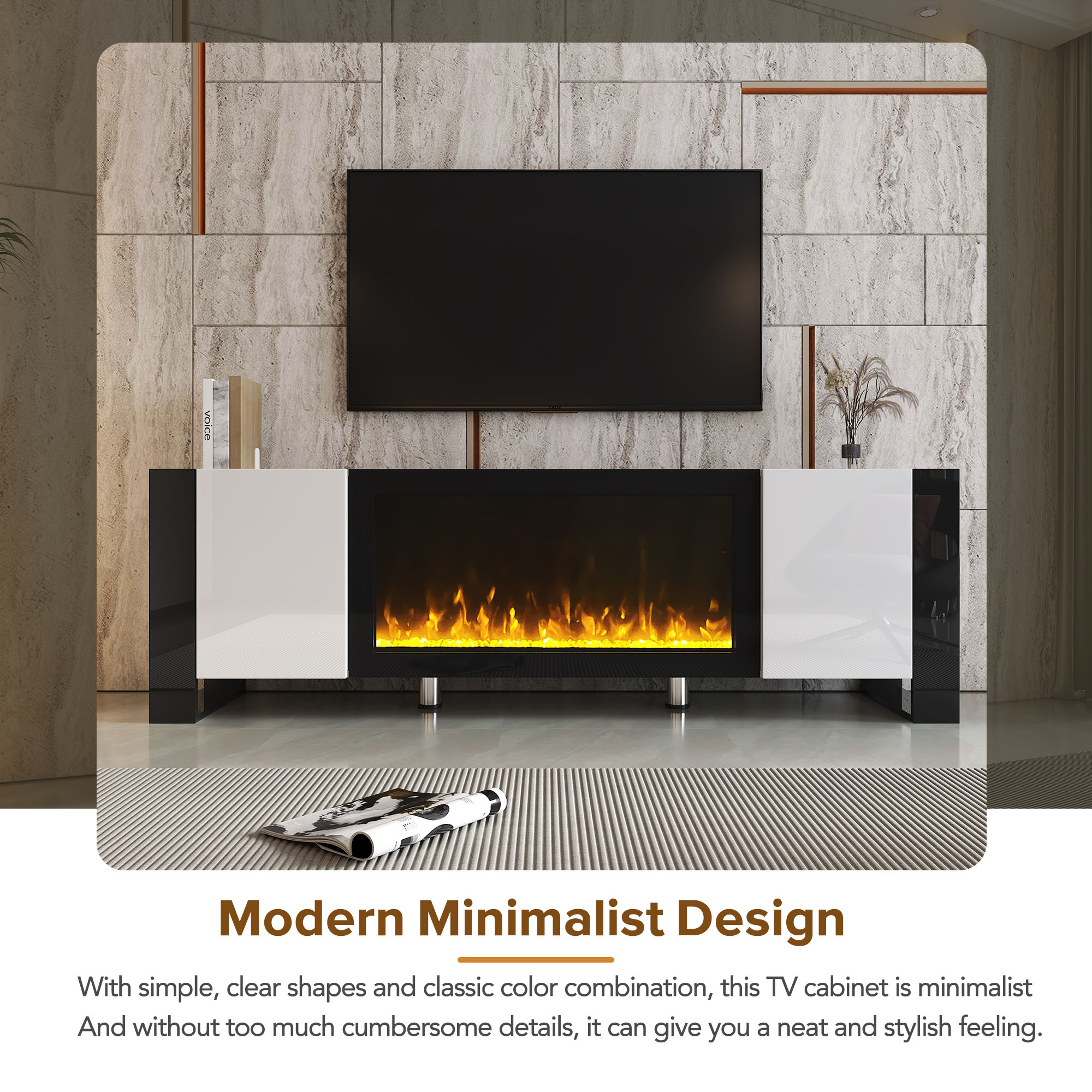 Modern TV Stand With 34” Non-heating Electric Fireplace, High Gloss Entertainment, TVs Up To 78”