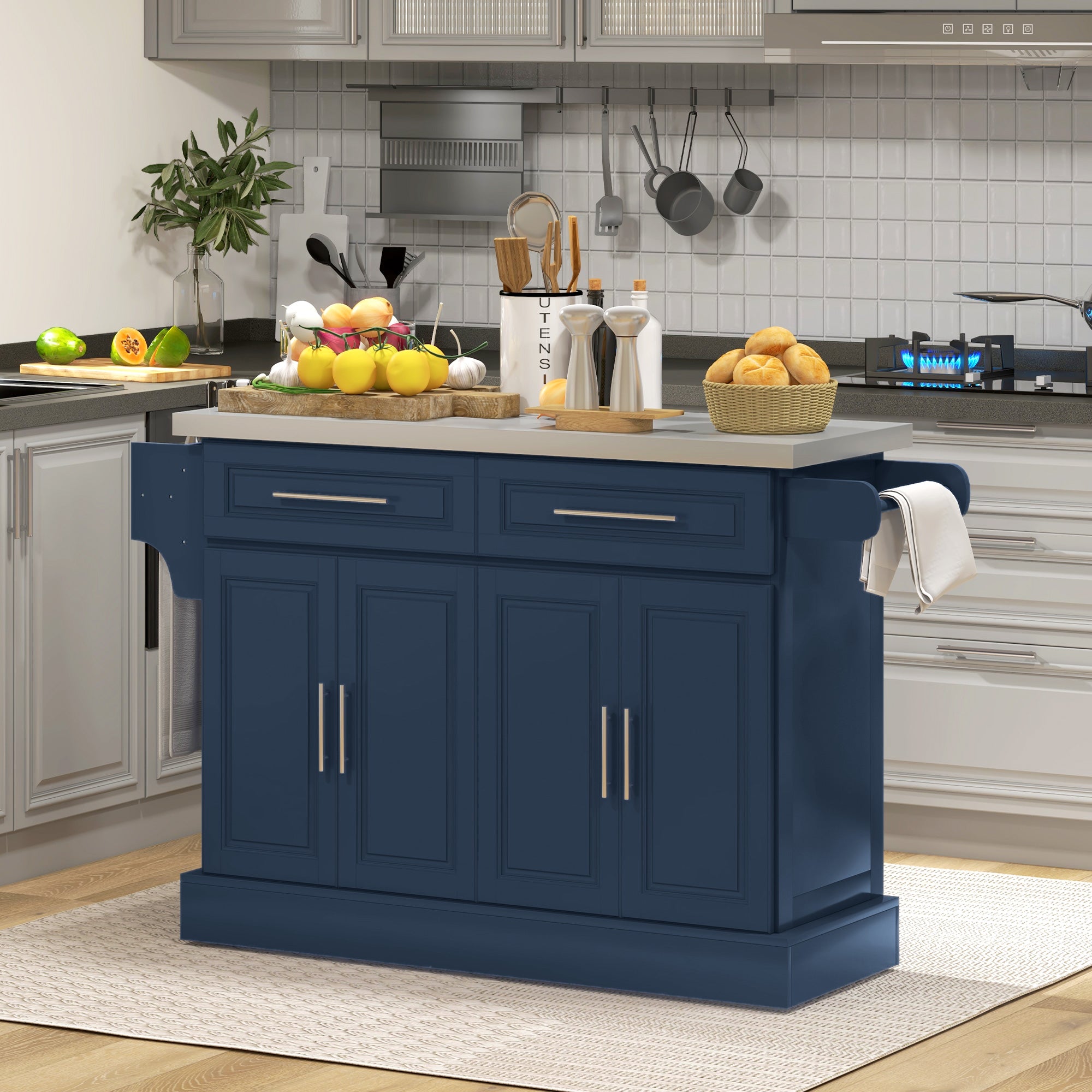 Rolling Kitchen Island with Stainless Steel Top, 2 Drawers, Spice, Knife and Towel Rack and Cabinets, Navy Blue