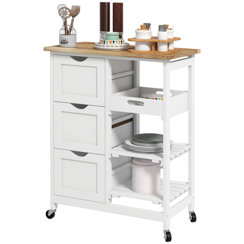 Rolling Kitchen Cart, Kitchen Island with Wood Top, Shelves & Drawers