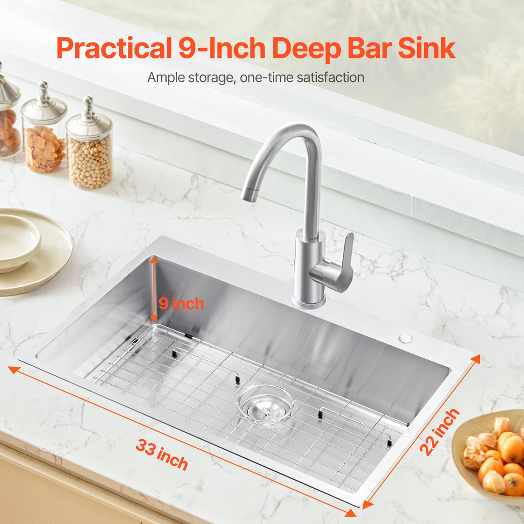33” Kitchen Sink Top Mount Single Bowl Drop-In Basin Stainless Steel Bar