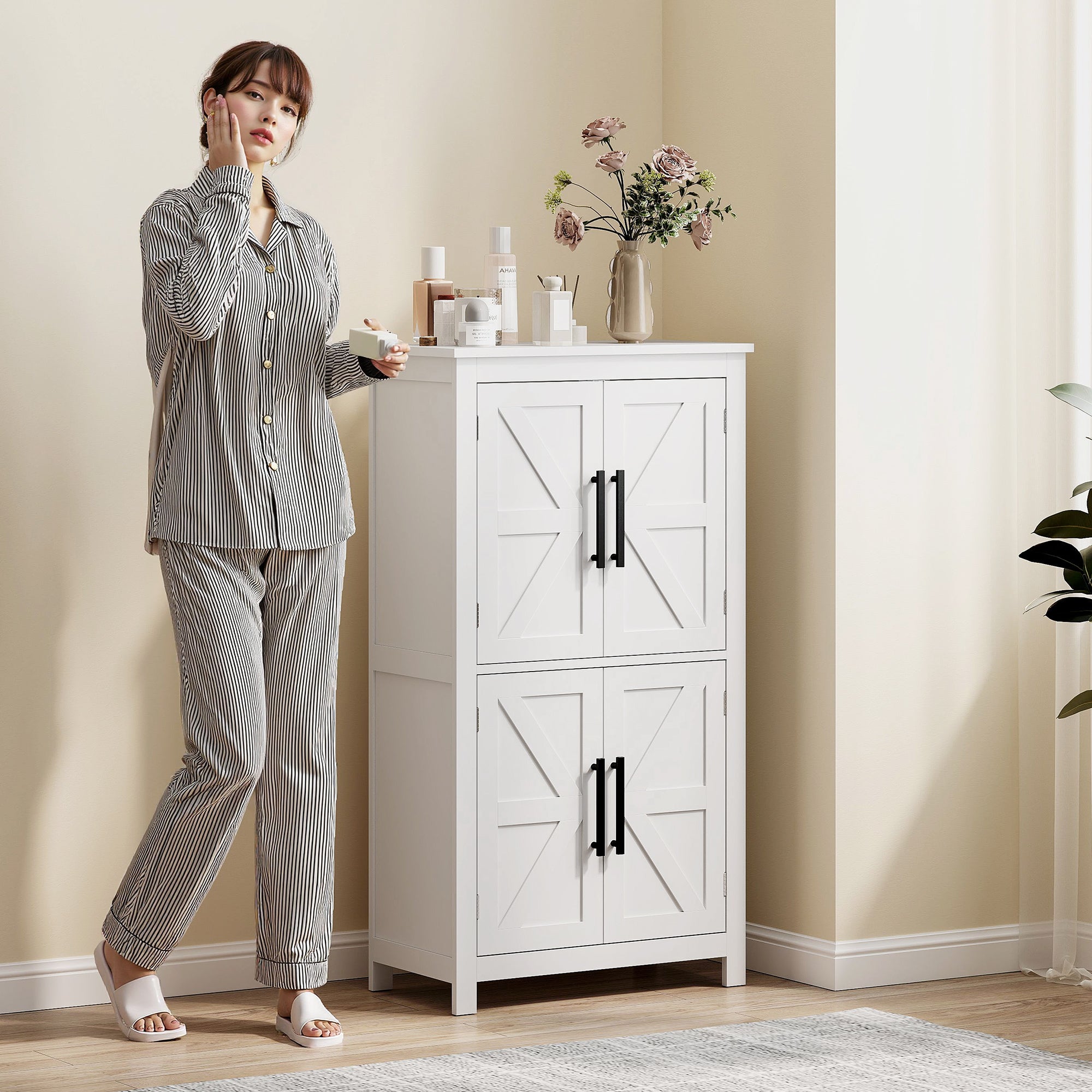 Farmhouse Bathroom Cabinet with 4 Doors and Adjustable Shelf