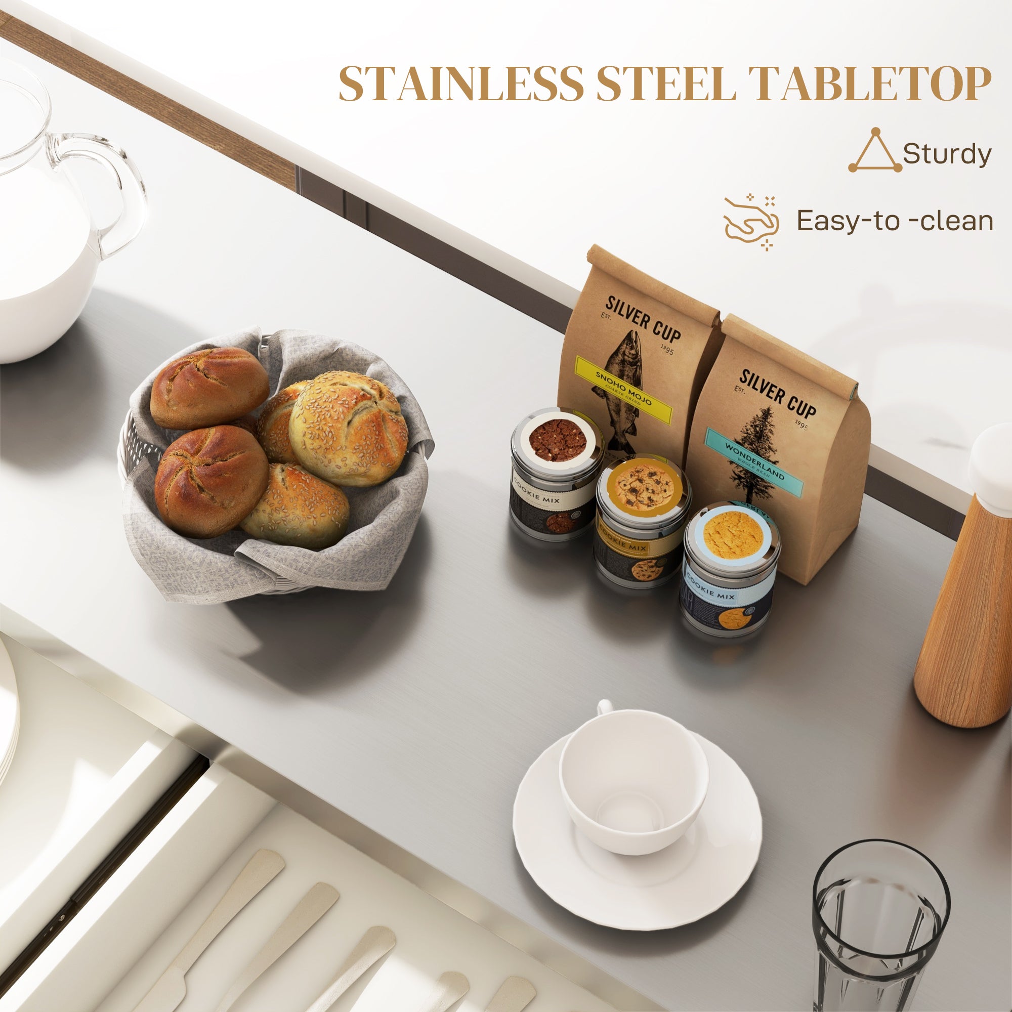 Rolling Kitchen Island with Stainless Steel Top, 2 Drawers, Spice, Knife and Towel Rack and Cabinets, Cream White