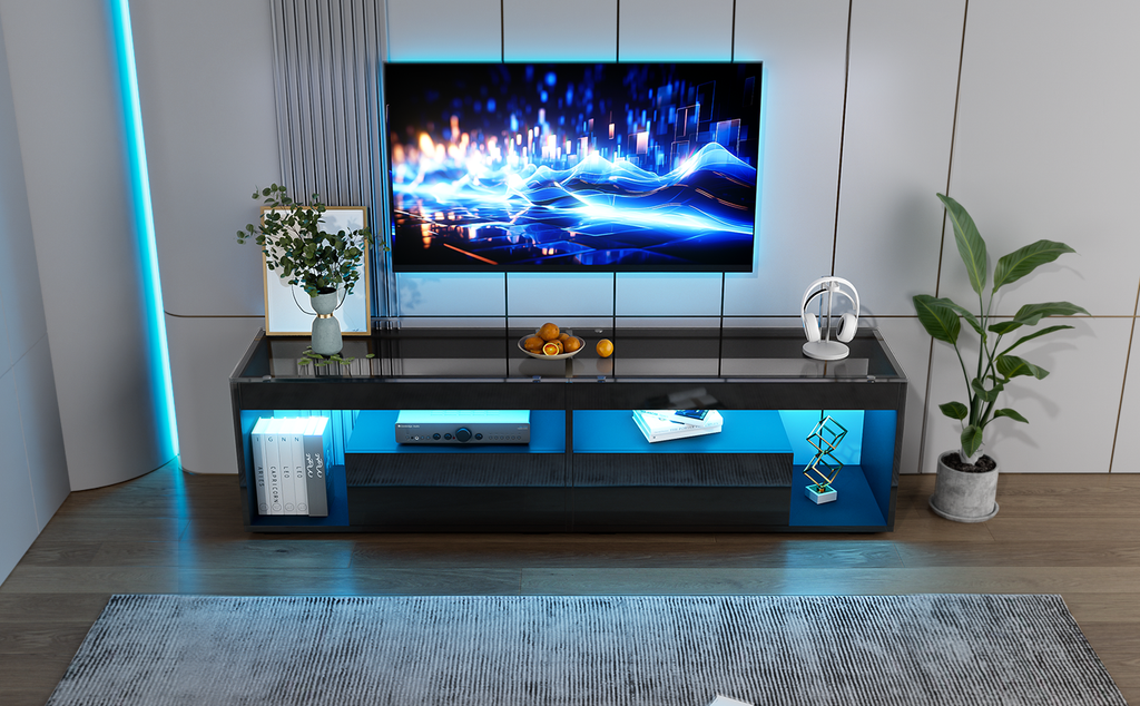 High Gloss TV Stand With 2 Drawers,glass Tabletop,TV Cabinet Storage