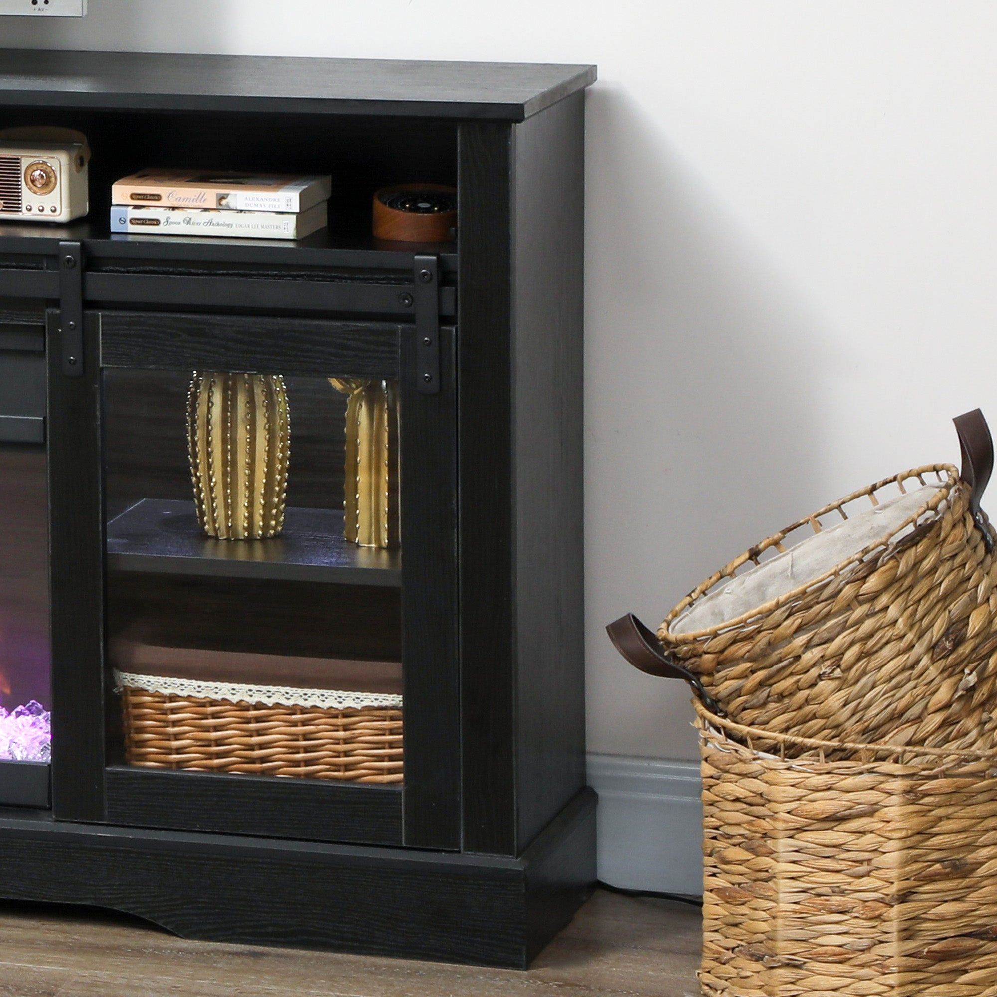 Fireplace TV Stand for TVs Up to 80”, TV Console with Electric Fireplace, Open Storage and Side Cabinets