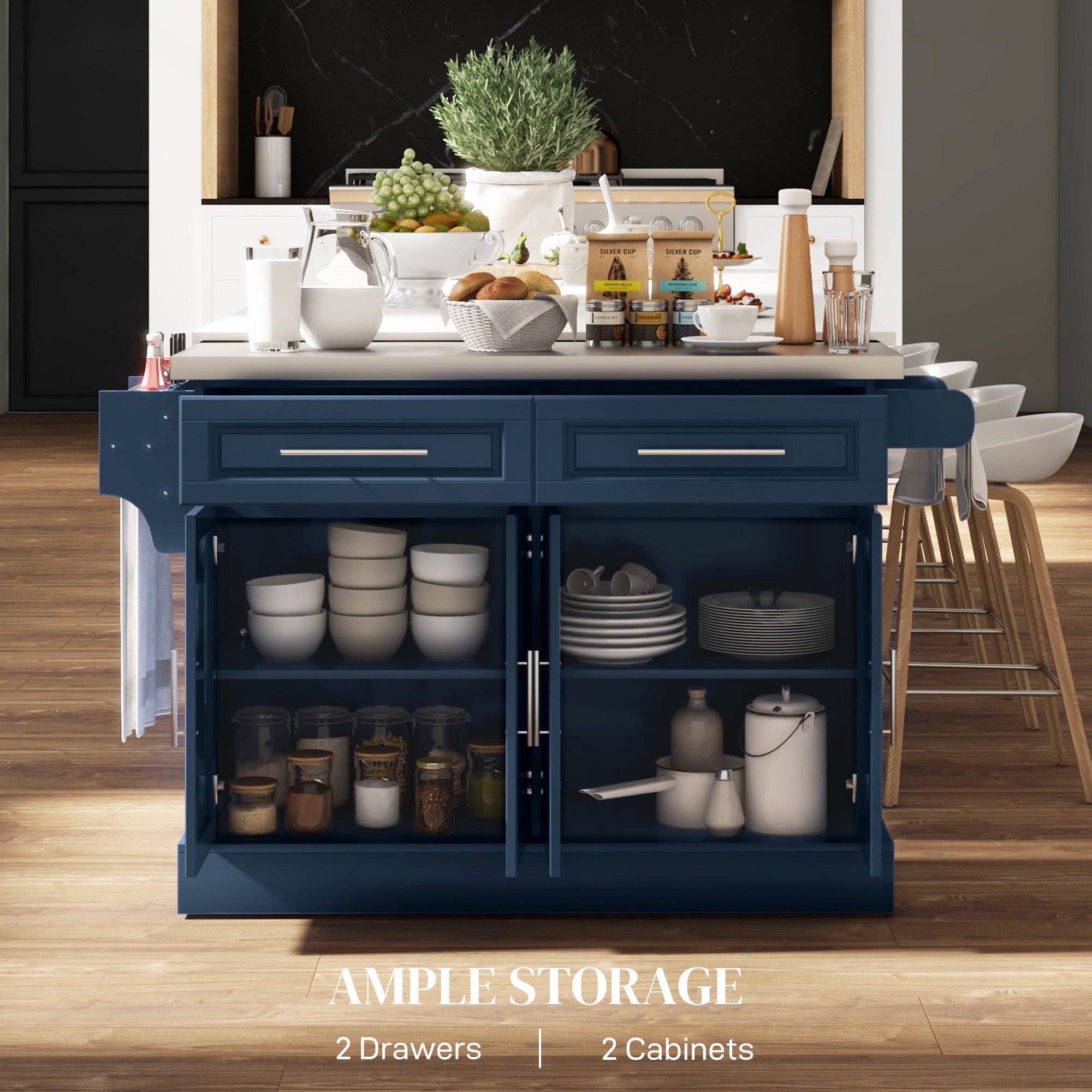 Rolling Kitchen Island with Stainless Steel Top, 2 Drawers, Spice, Knife and Towel Rack and Cabinets, Navy Blue