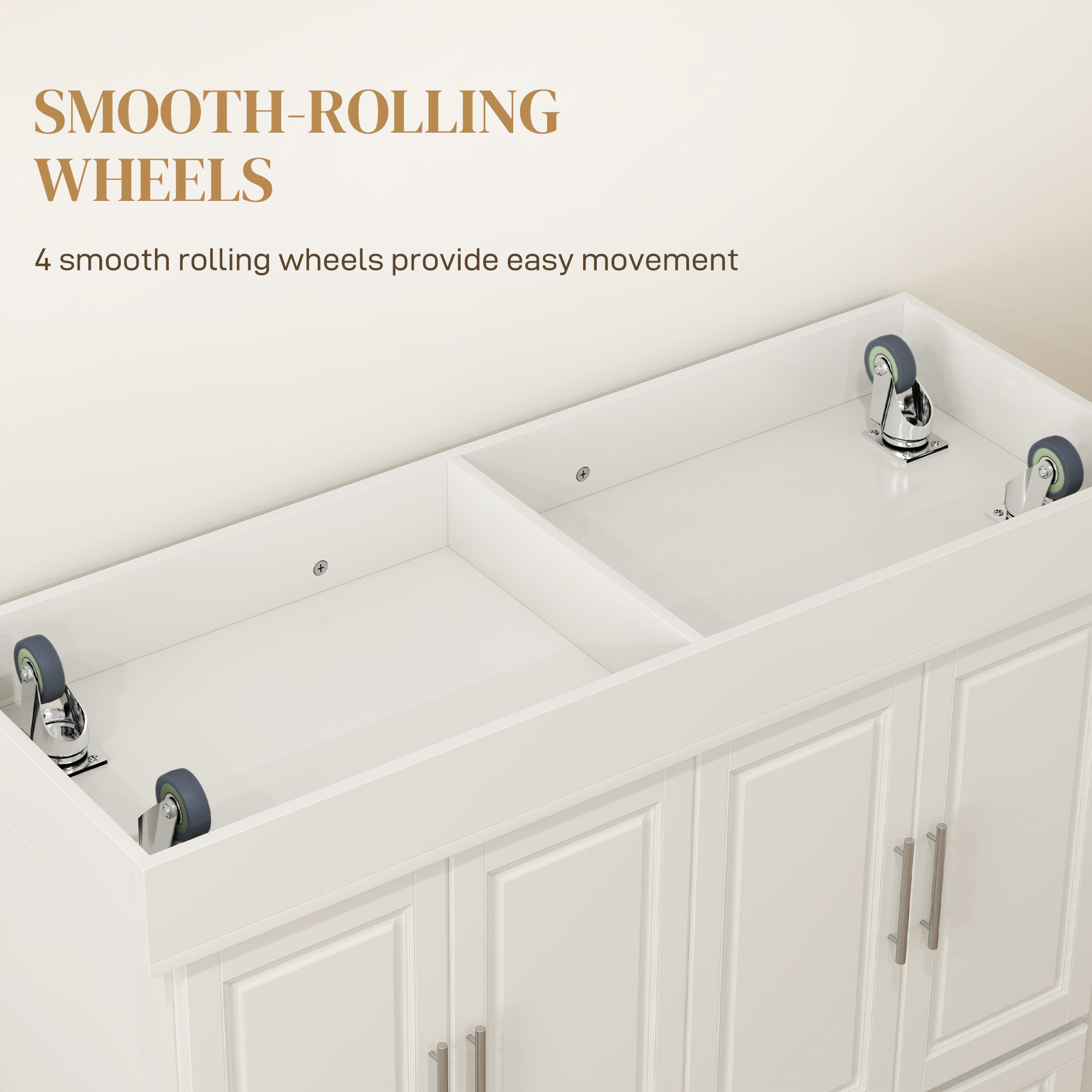 Rolling Kitchen Island with Stainless Steel Top, 2 Drawers, Spice, Knife and Towel Rack and Cabinets, Cream White