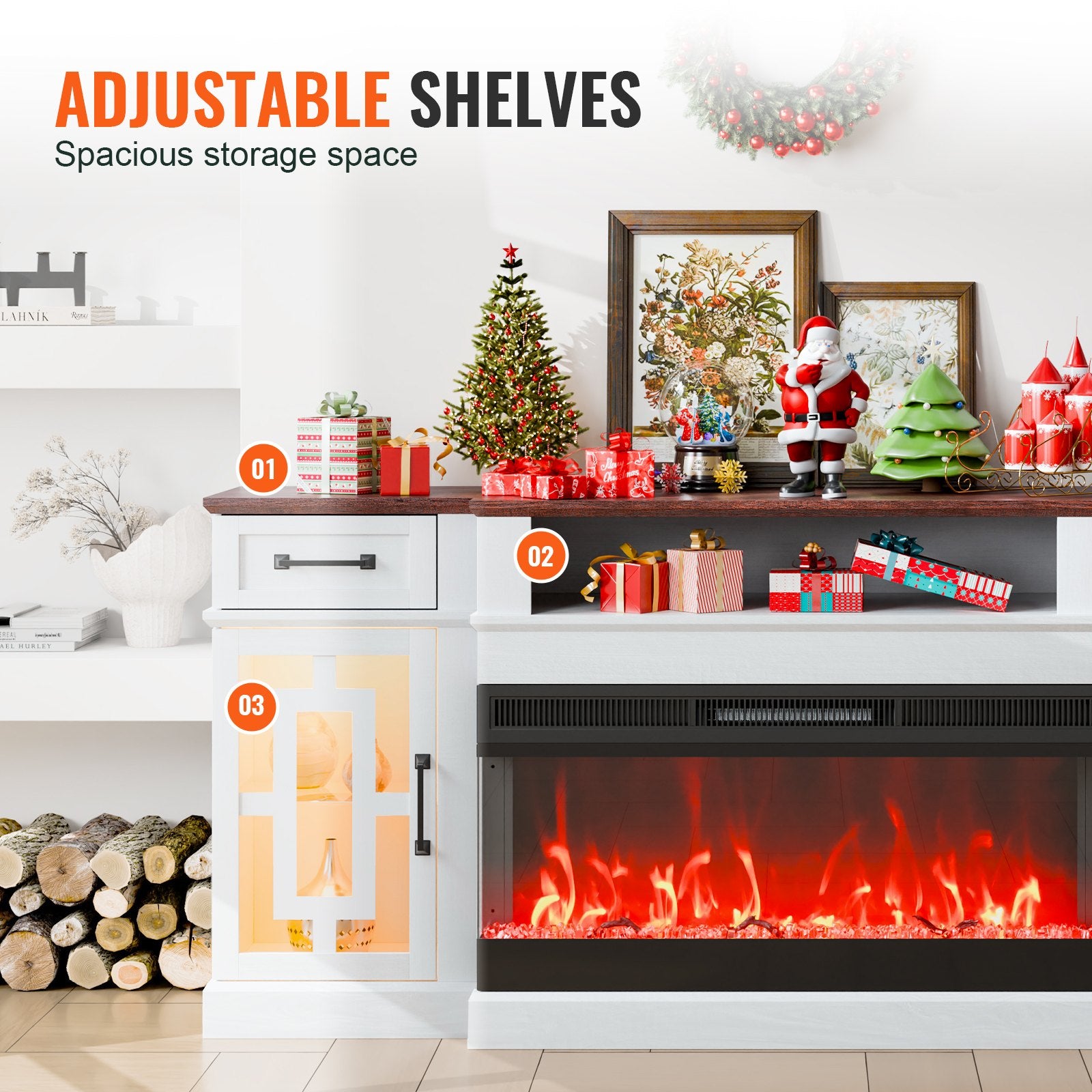 80" Fireplace TV Stand, Media Storage Corner With 36" Fireplace, Storage Drawers & Cabinets