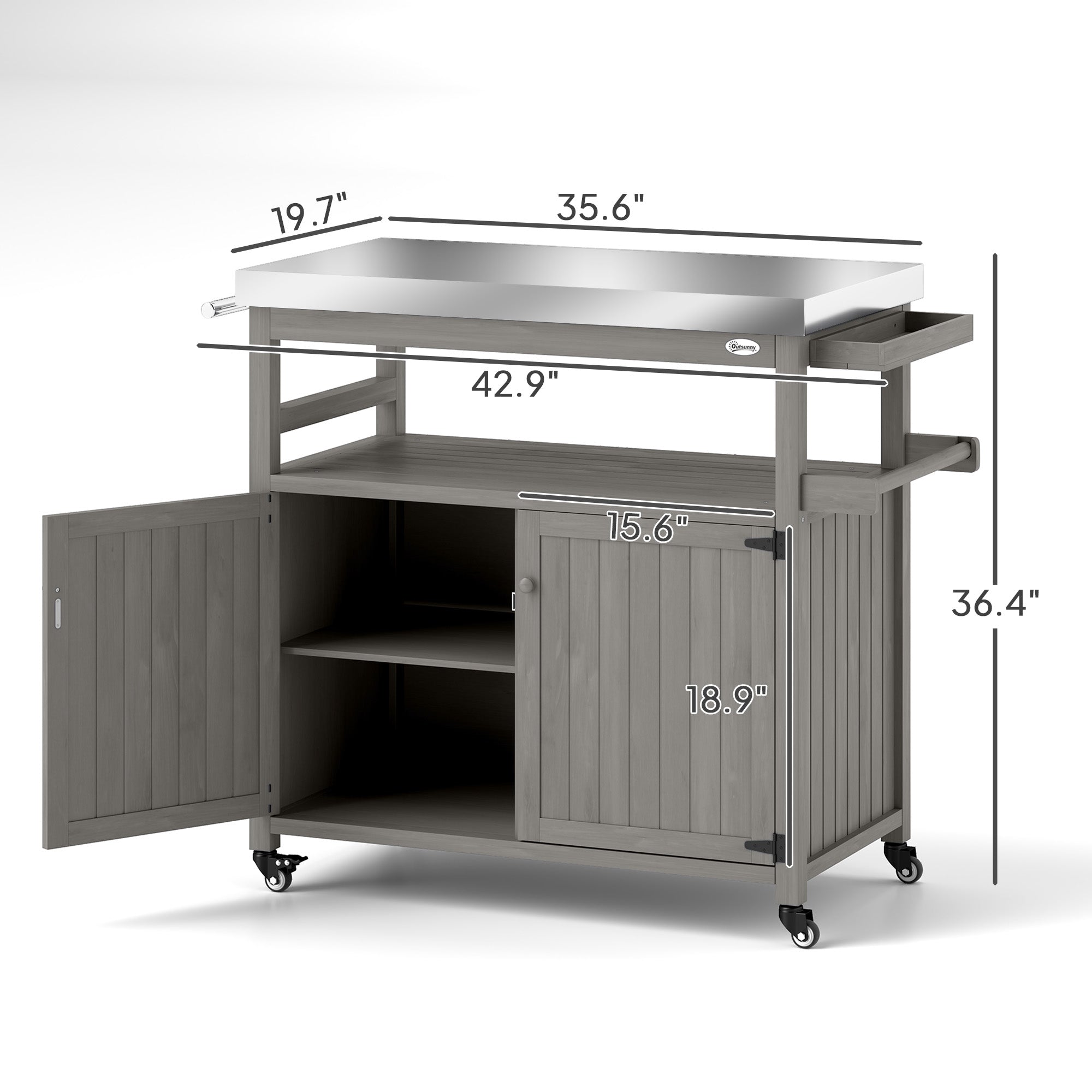 Outdoor Grill Cart W/ Stainless Steel Top, Solid Wood Outdoor Kitchen Island W/ Wheels, Storage Cabinets, Gray