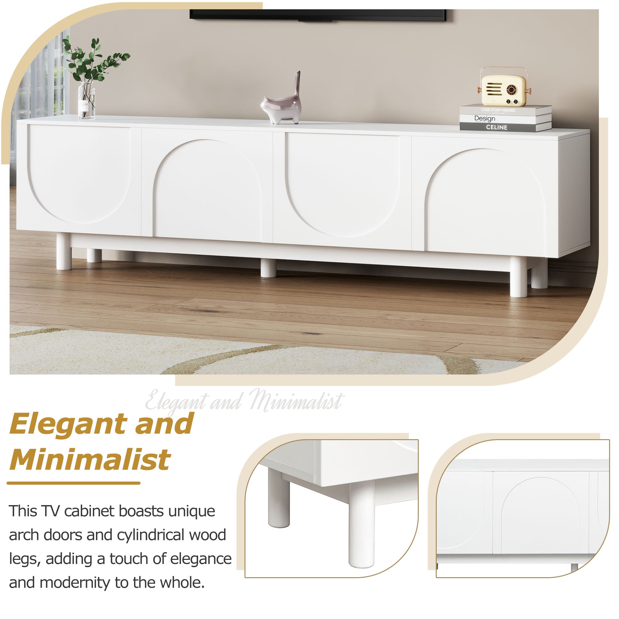 TV Stand With Arch Cabinets For TVs Up To 78'', Minimalist Entertainment Center