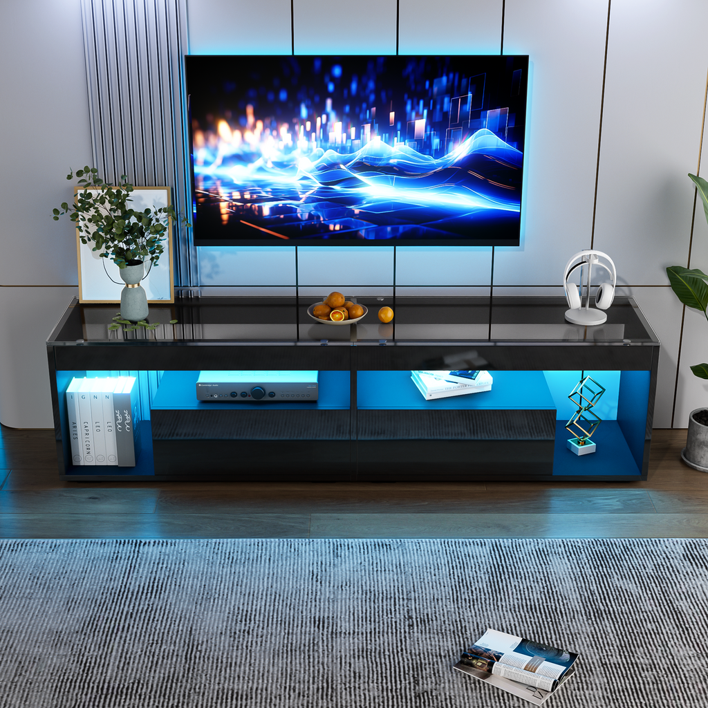 High Gloss TV Stand With 2 Drawers,glass Tabletop,TV Cabinet Storage