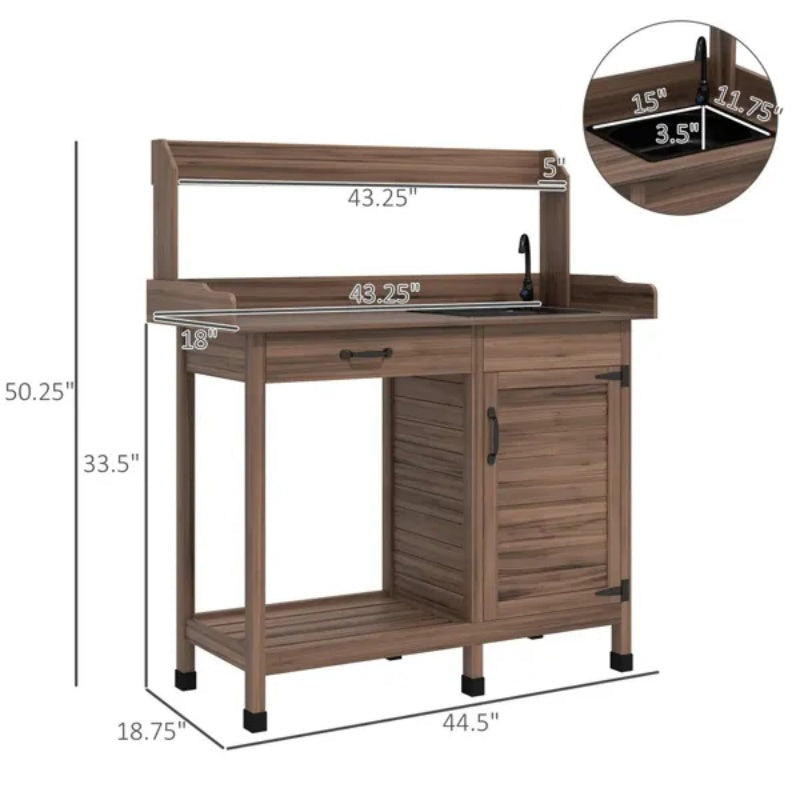 Outdoor Potting Bench With Storage Cabinet, Sink And Faucet