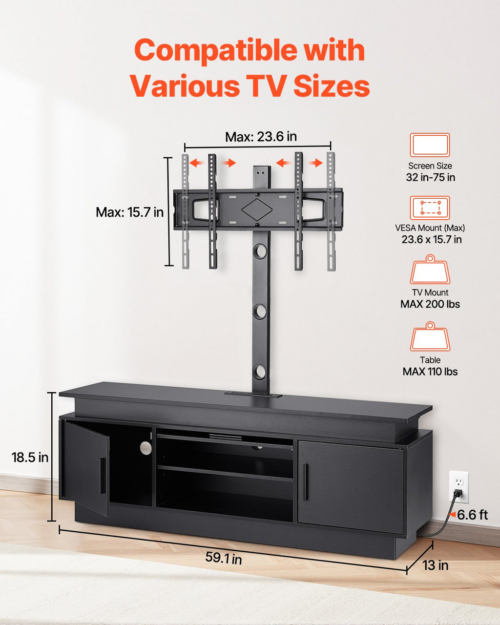 60" TV Stand With Mount For Up To 75” TVs, Entertainment Center