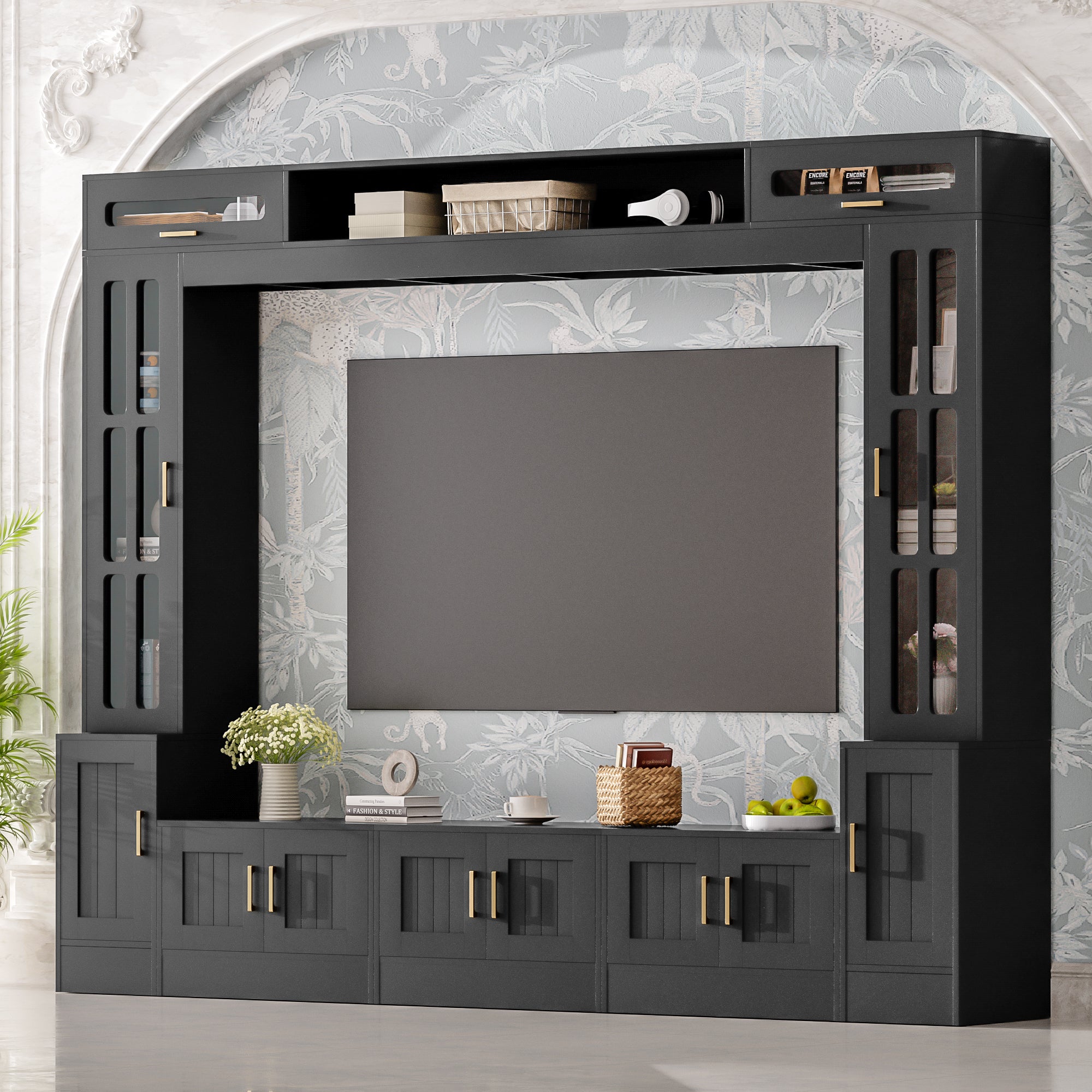98” Wall Unit Entertainment Center With Bookshelves For TVs Up To 80”