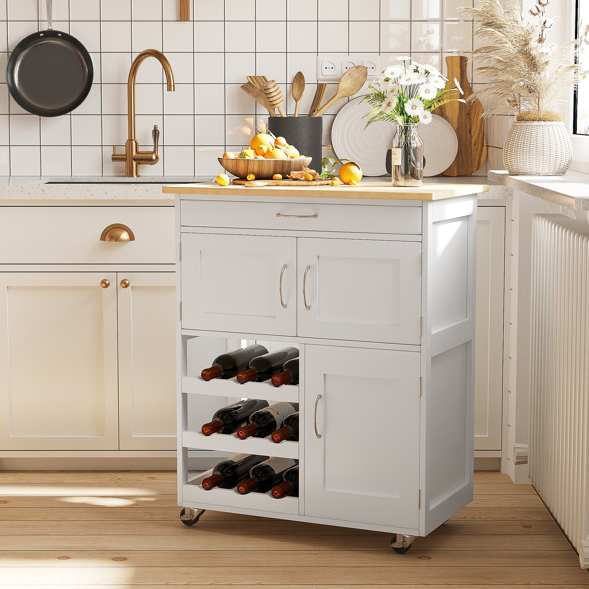 Modern Kitchen Trolley, Rolling Island Storage Cart With Drawer, 9-bottle Wine Rack, Door Cabinets, Wooden Countertop, White