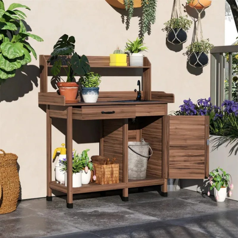Outdoor Potting Bench With Storage Cabinet, Sink And Faucet