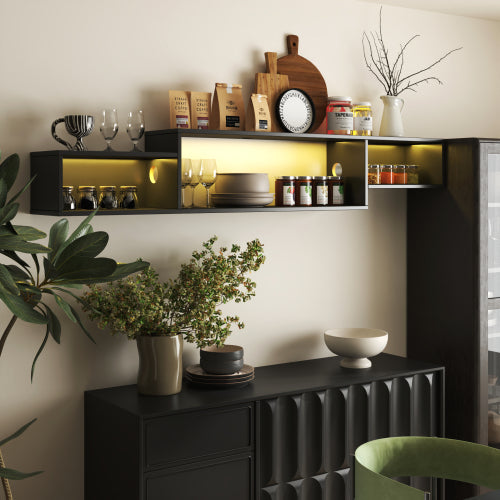 65” Wall Mounted Floating TV Stand With 20 Color LEDs And Charging Station