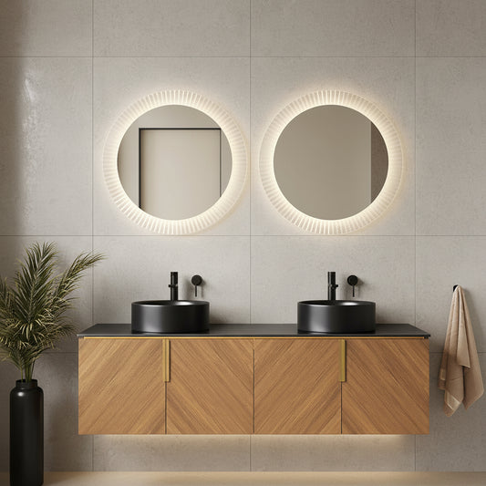 60" Bathroom Vanity&Sinks, Wall-Mounted Plywood Bathroom Storage Cabinet With 4 Doors, 2 Black Round Ceramic Basins With Stone Pattern & Black Sintered Stone Countertop