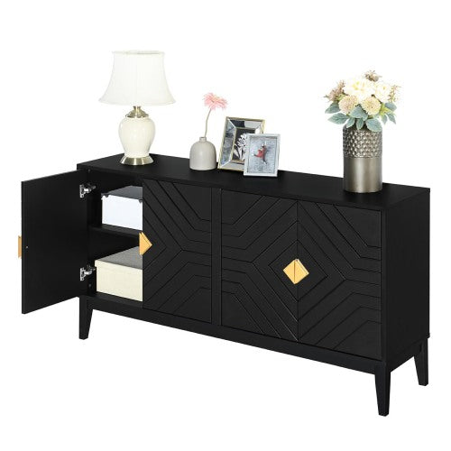 4-door Sideboard Storage Cabinet For Living And Dining Room, Two Large Cabinets With Gold Handle And Adjustable Shelves, Black