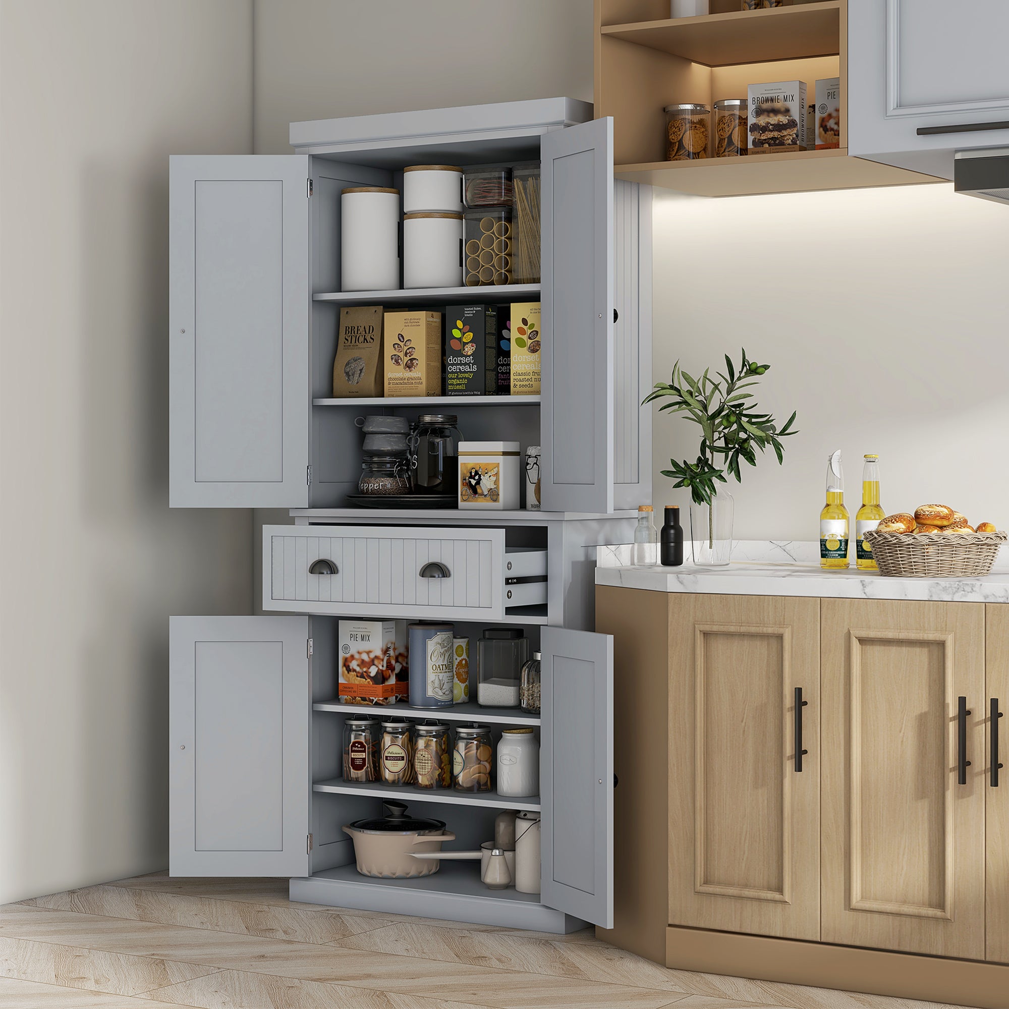 72" Traditional Kitchen Pantry Cabinet, Freestanding Tall Storage Cabinet with 4 Doors, Drawer and 3 Adjustable Shelves