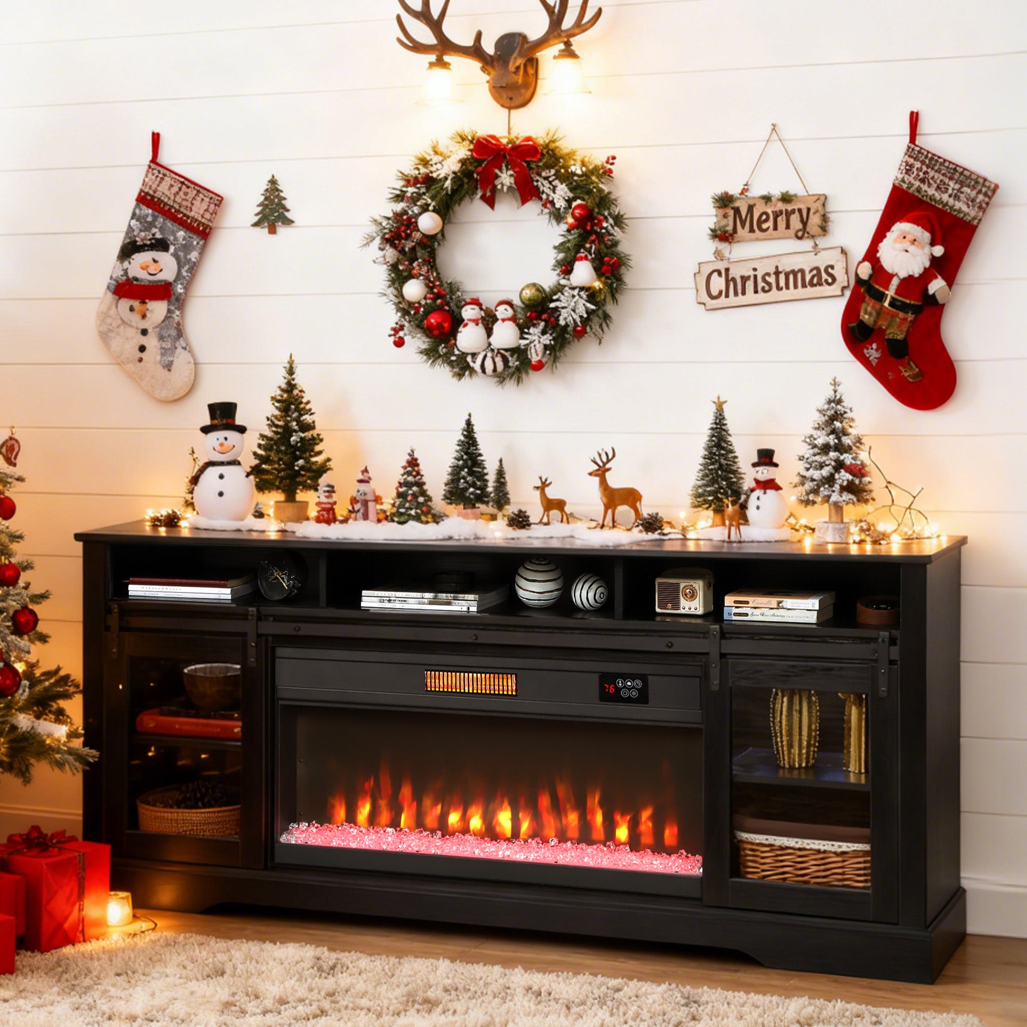 Fireplace TV Stand for TVs Up to 80”, TV Console with Electric Fireplace, Open Storage and Side Cabinets